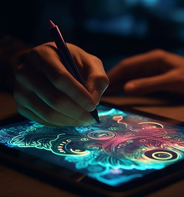 Creative artists at work, painting colorful patterns generated by artificial intelligence